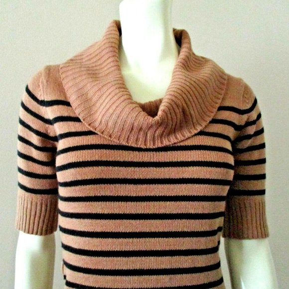 Breton Stripe Cowl Neck Mini Sweater Dress sz S Black and Tan - Picture 1 of 6